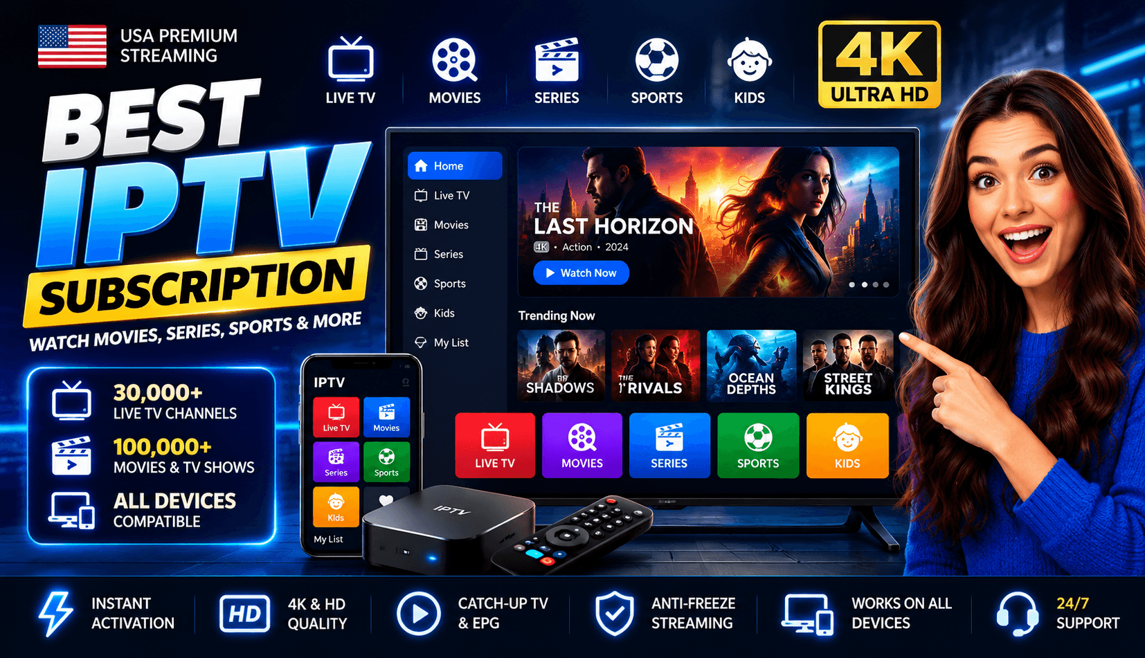 IPTV subscription graphic showing a TV and phone streaming app with movie, series, live TV, and sports categories, alongside a streaming box and remote