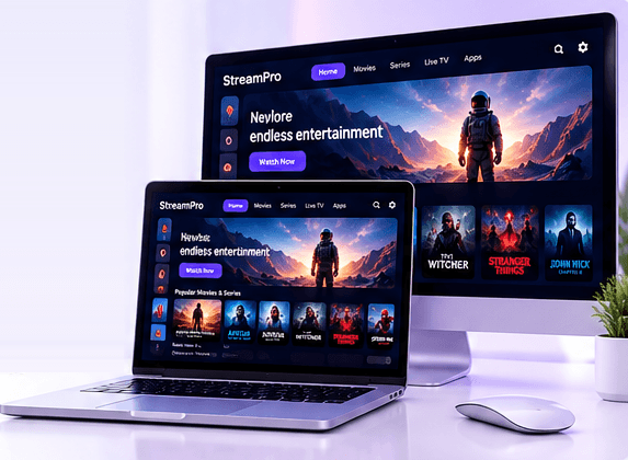 Desktop monitor and laptop on a desk showing the same streaming app
